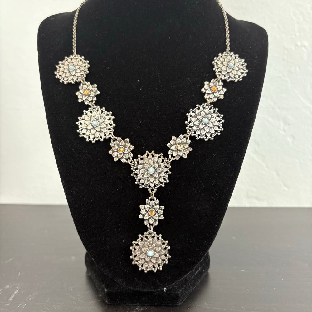 Silver Flower Necklace w Amber Turquoise Blue stones 18" Statement fashion